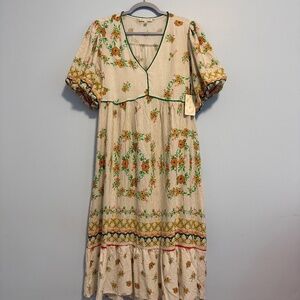 Fig&Flower Linen Blend Short Sleeve Floral Print Midi‎ Dress Size L